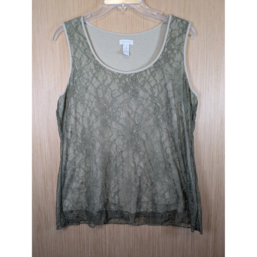 Chico's Women Sage Green Floral Lace Overlay Tank Top Shell Size 2 Large
